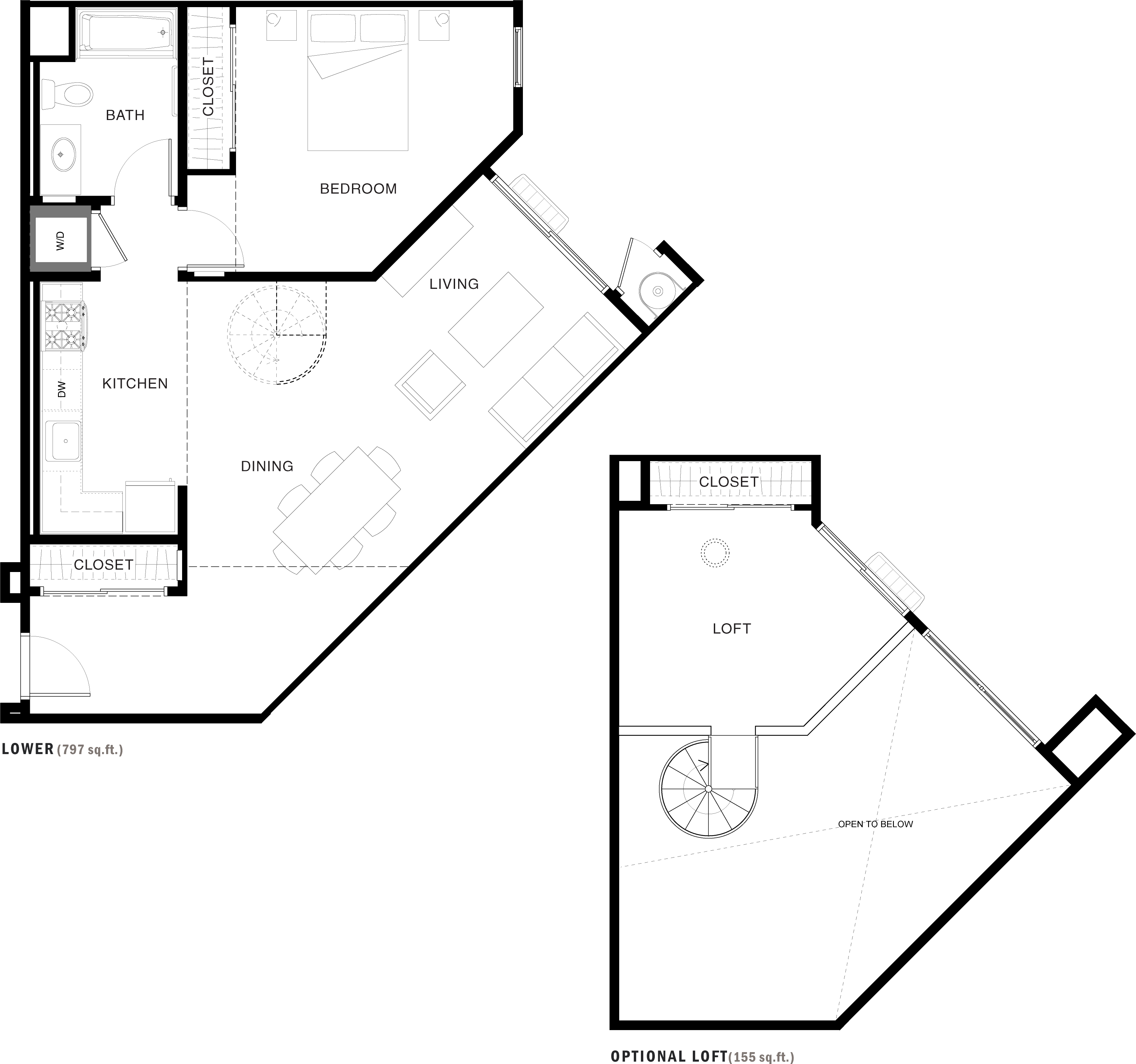 Floor plan for 1 bed, 1 bath, 948 sqft