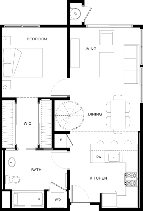 Floor plan for 1 bed, 1 bath, 726 sqft