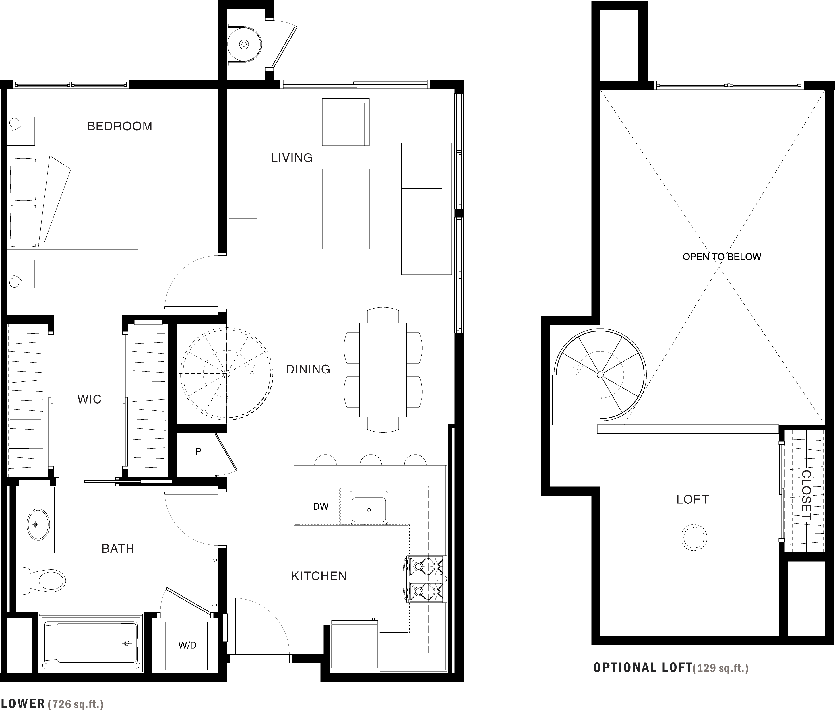 Floor plan for 1 bed, 1 bath, 854 sqft