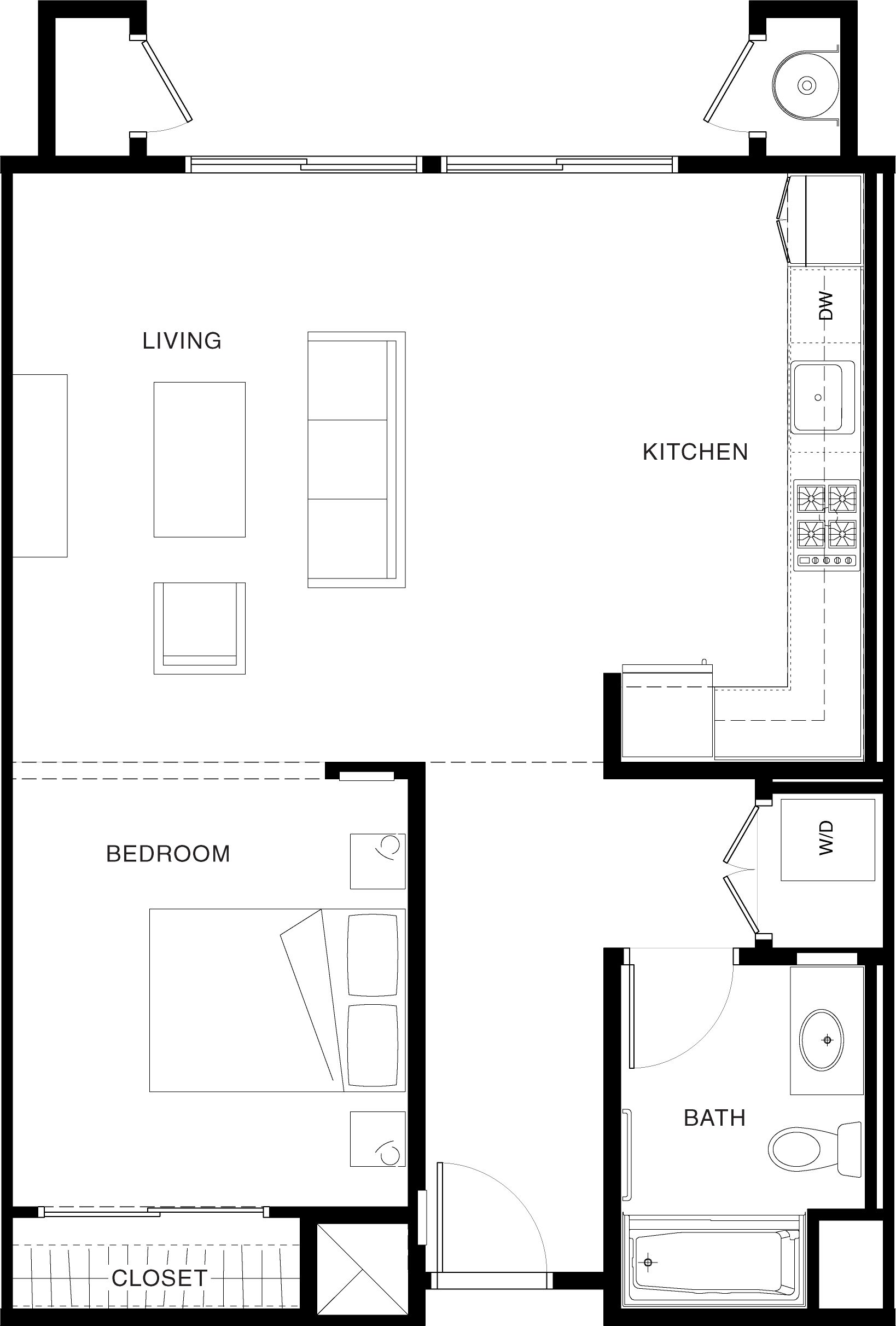Floor plan for studio, 1 bath, 716 sqft