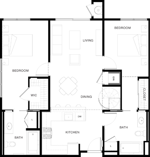 Floor plan for 2 beds, 2 baths, 1035 sqft