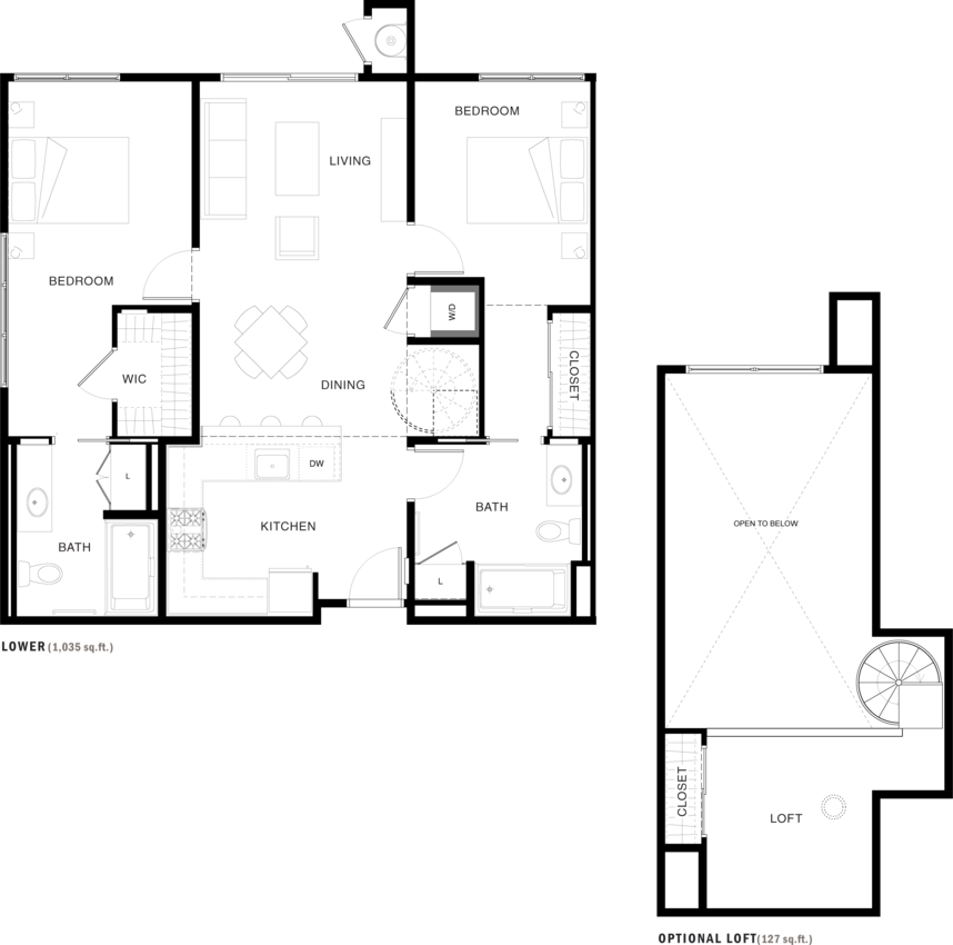Floor plan for 2 beds, 2 baths, 1162 sqft