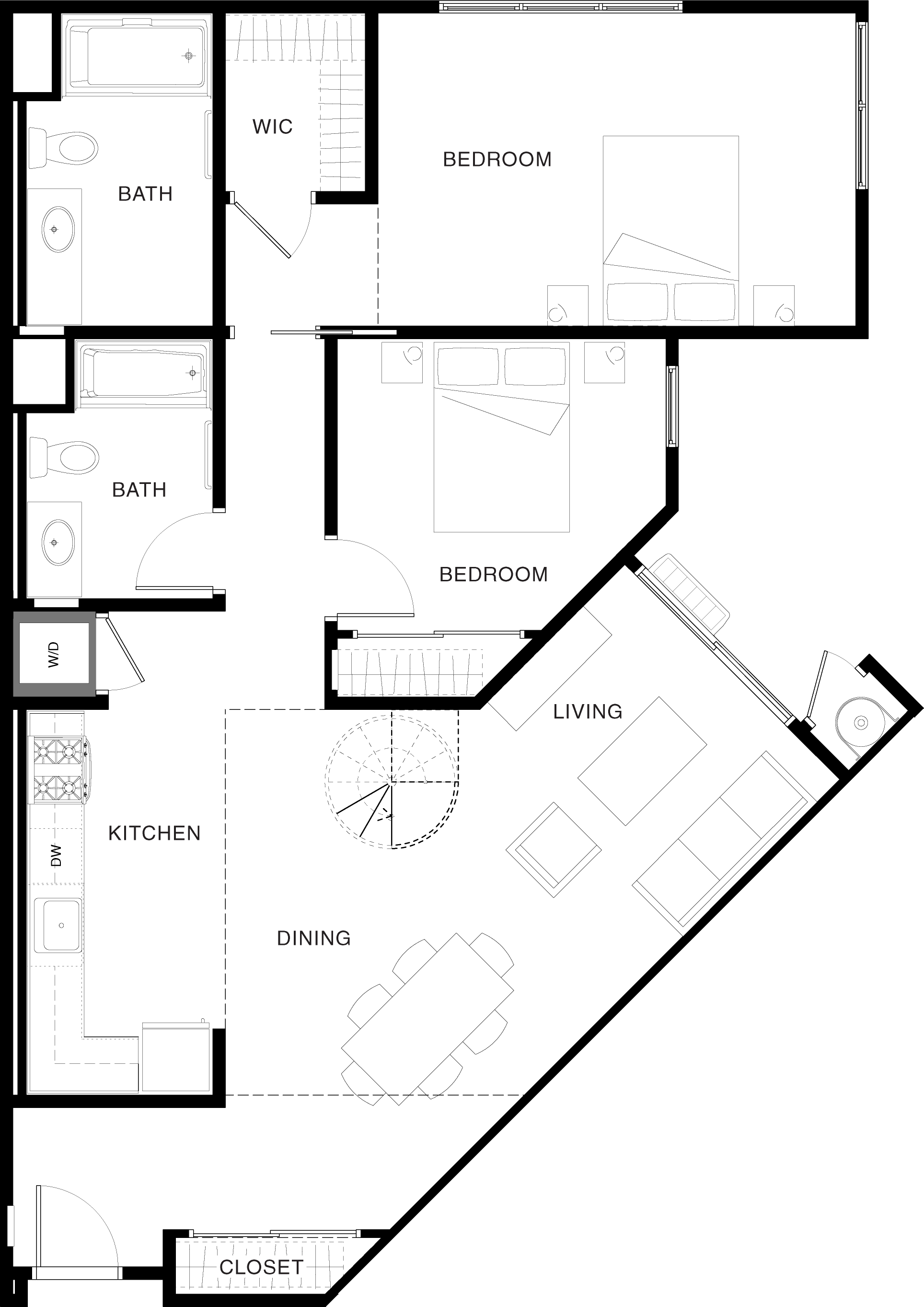 Floor plan for 2 beds, 2 baths, 1158 sqft