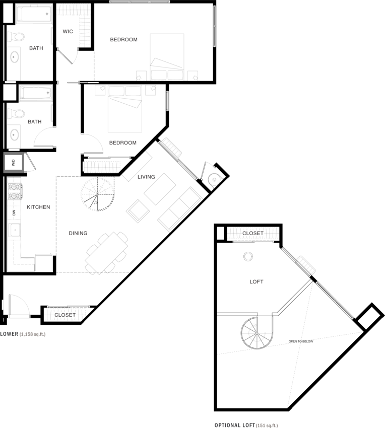 Floor plan for 2 beds, 2 baths, 1309 sqft