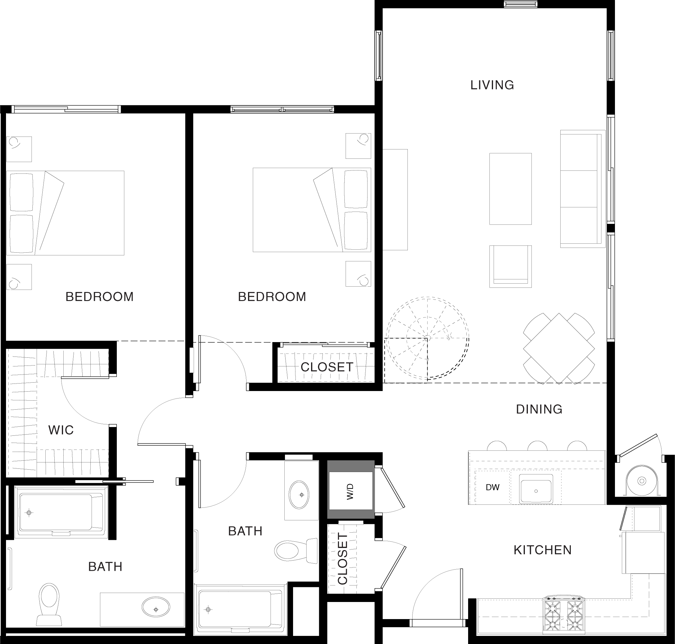 Floor plan for 2 beds, 2 baths, 1193 sqft