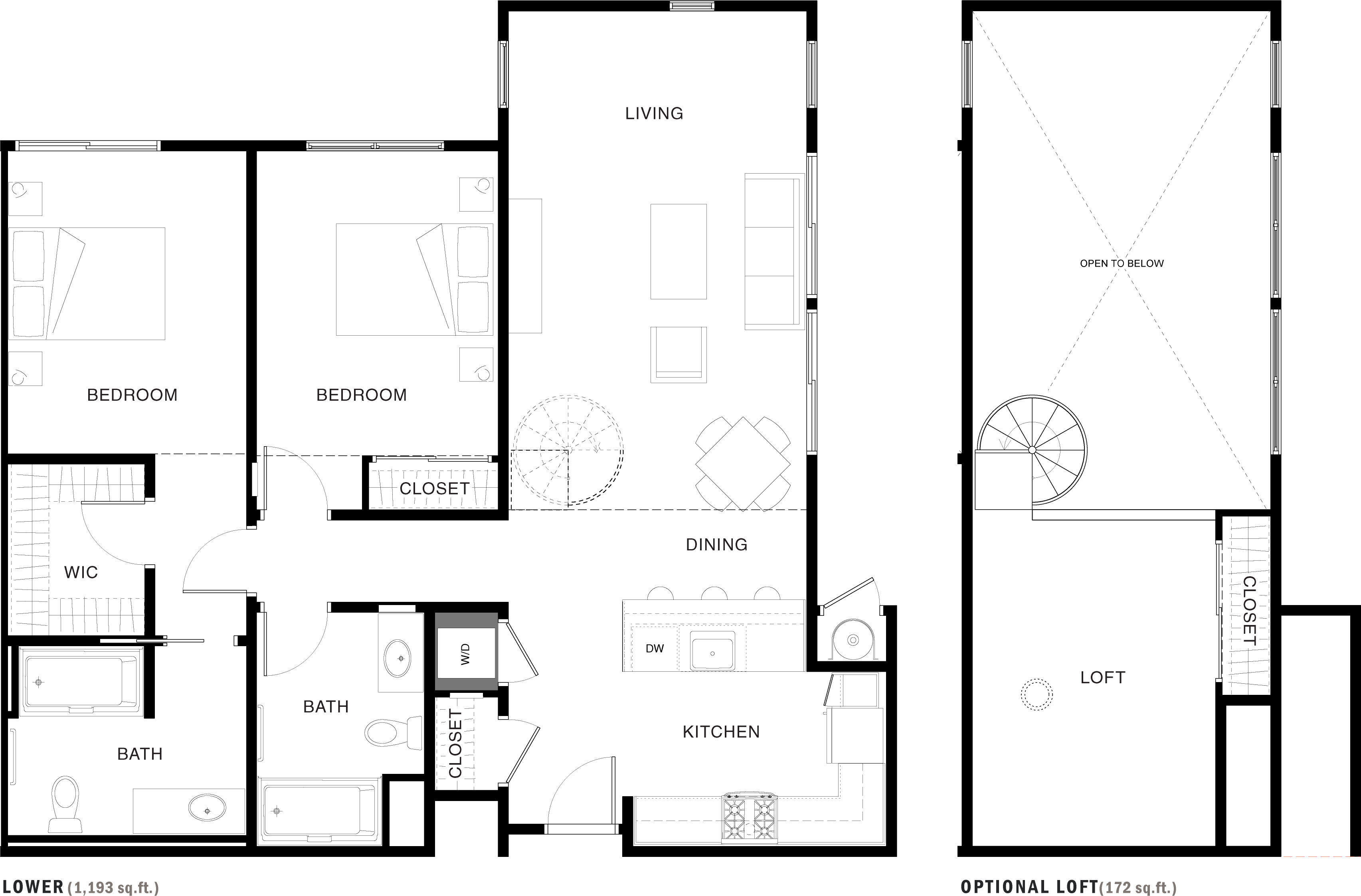 Floor plan for 2 beds, 2 baths, 1365 sqft
