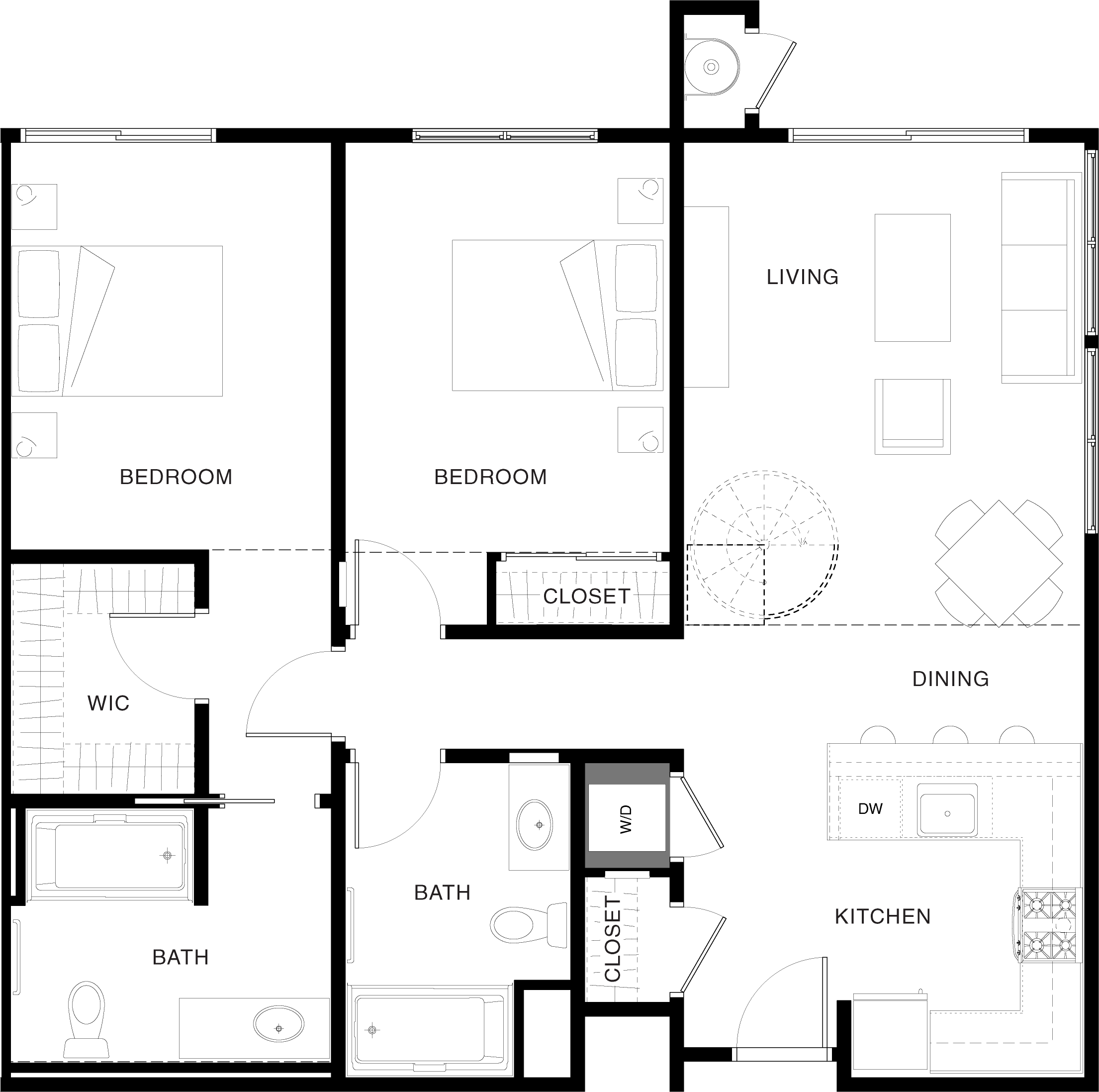 Floor plan for 2 beds, 2 baths, 1084 sqft