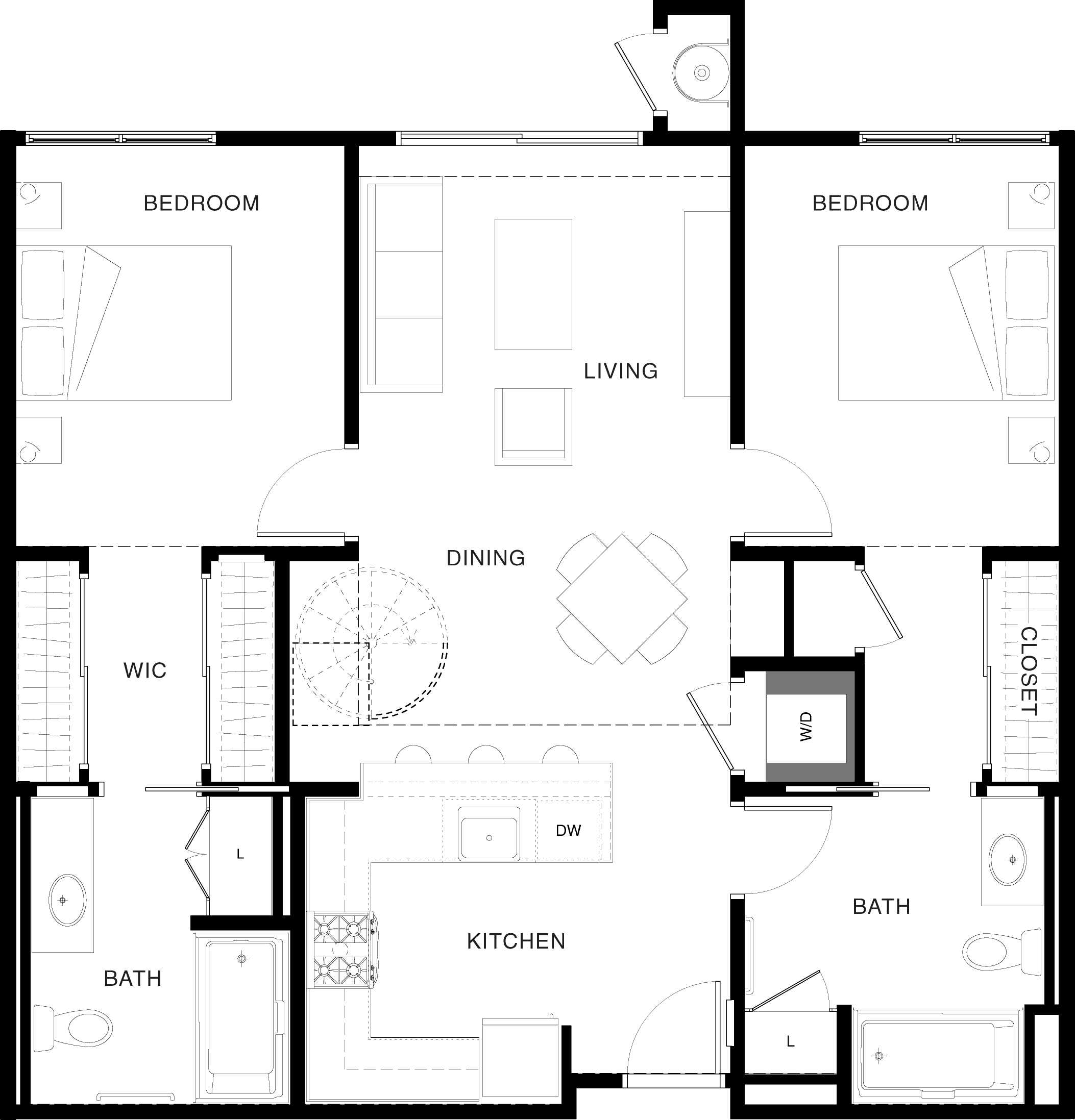 Floor plan for 2 beds, 2 baths, 1035 sqft