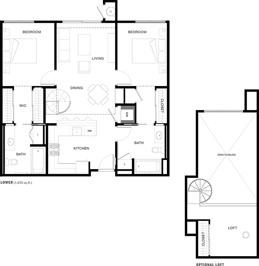 Floor plan for 2 beds, 2 baths, 1169 sqft