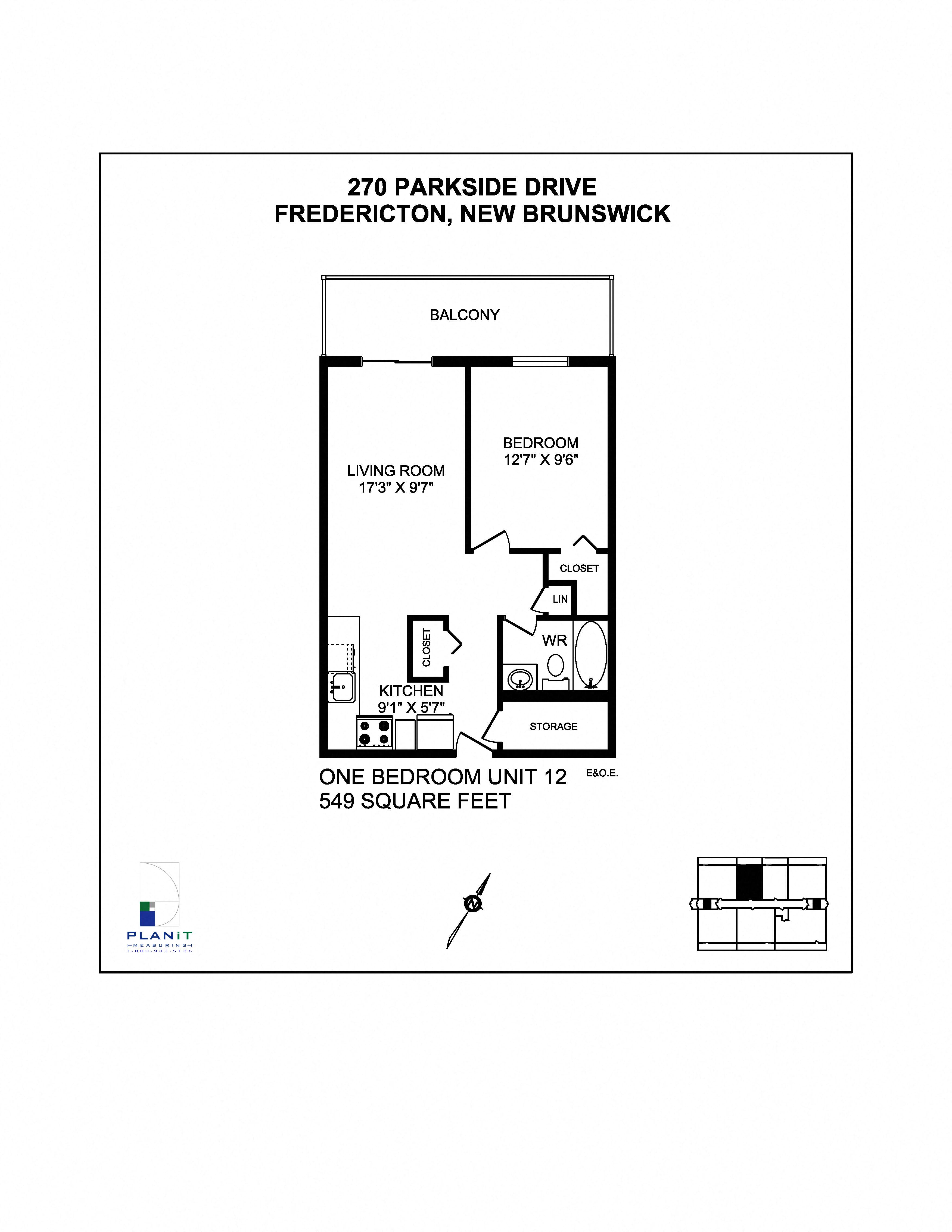 Floor plan for 1 bed, 1 bath, 549 sqft