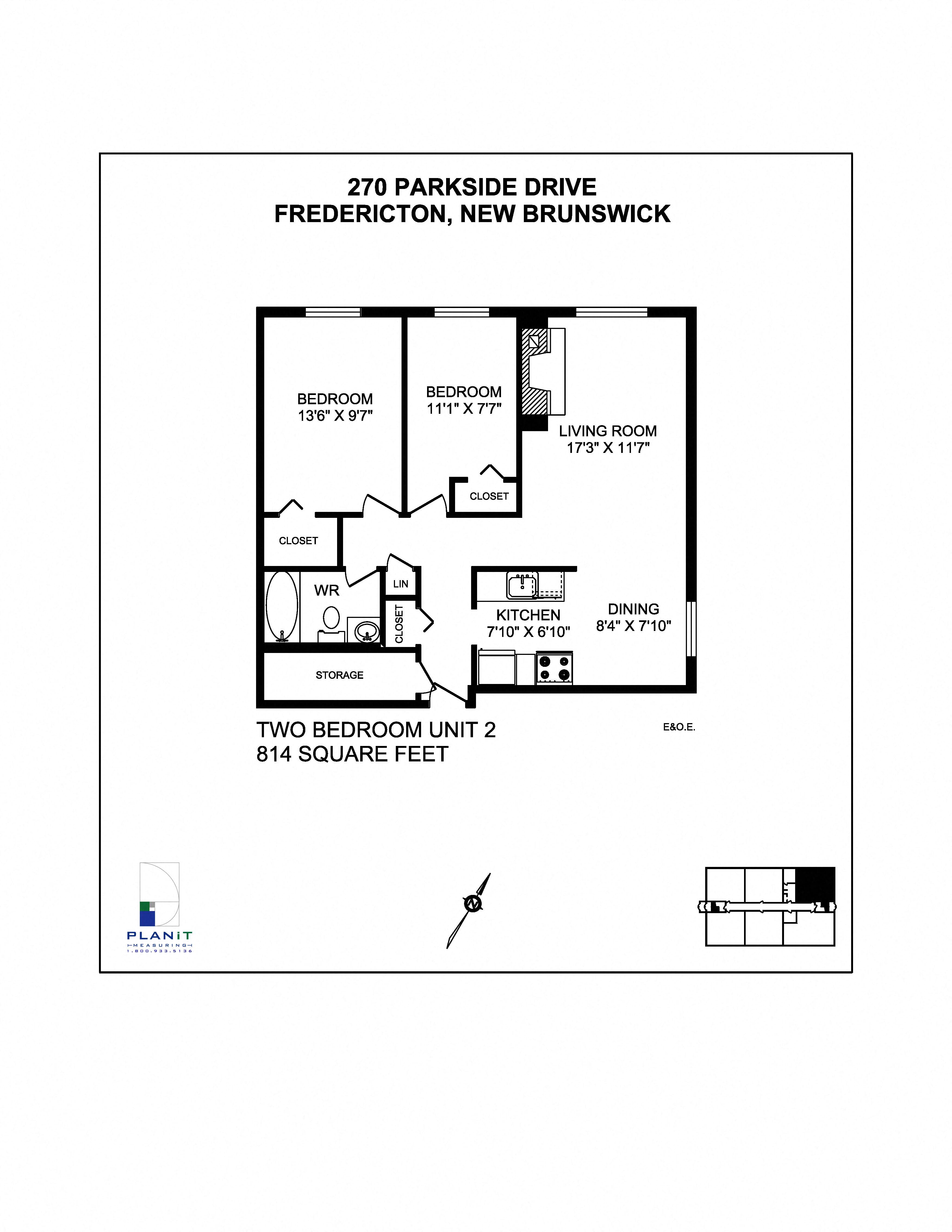 Floor plan for 2 beds, 1 bath, 814 sqft