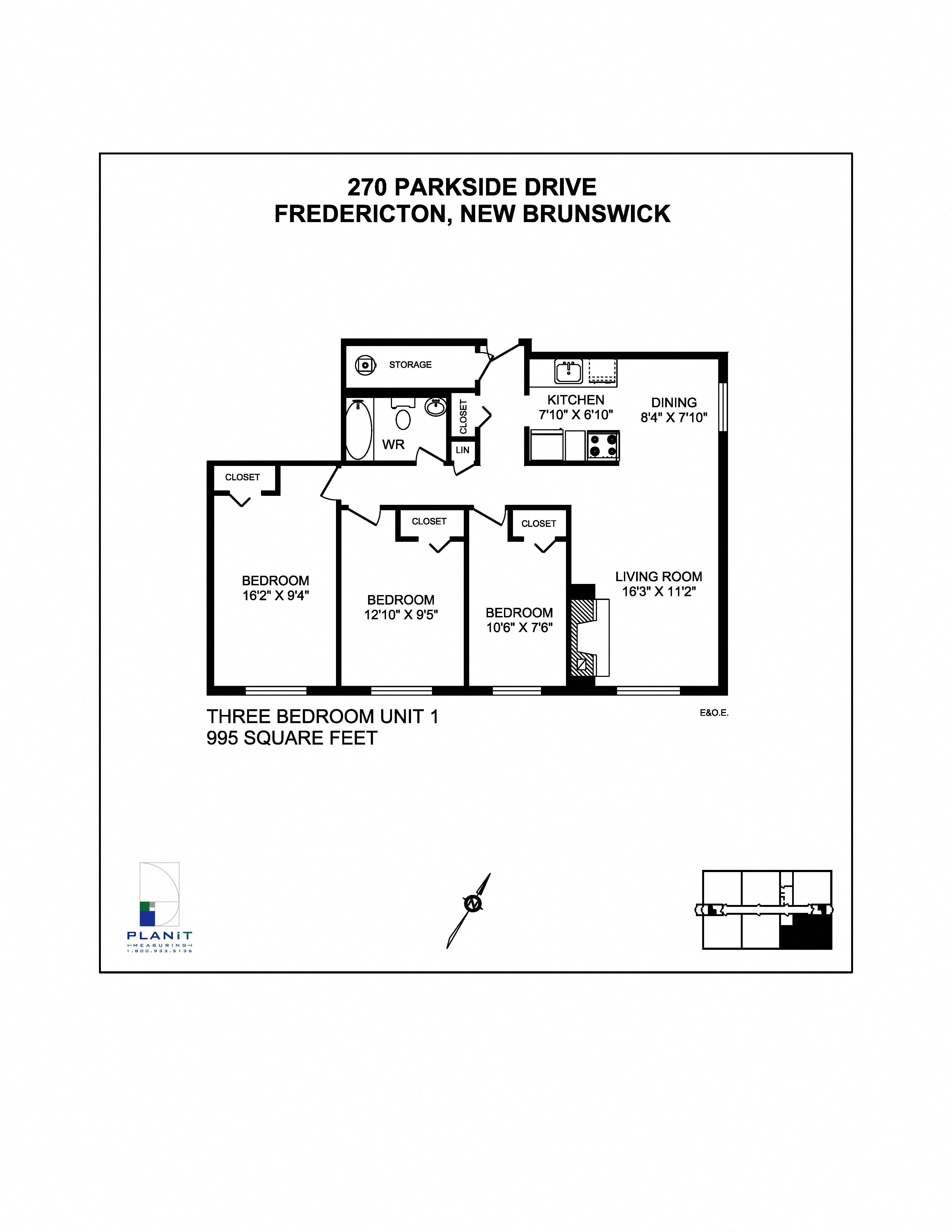 Floor plan for 3 beds, 1 bath, 830 sqft