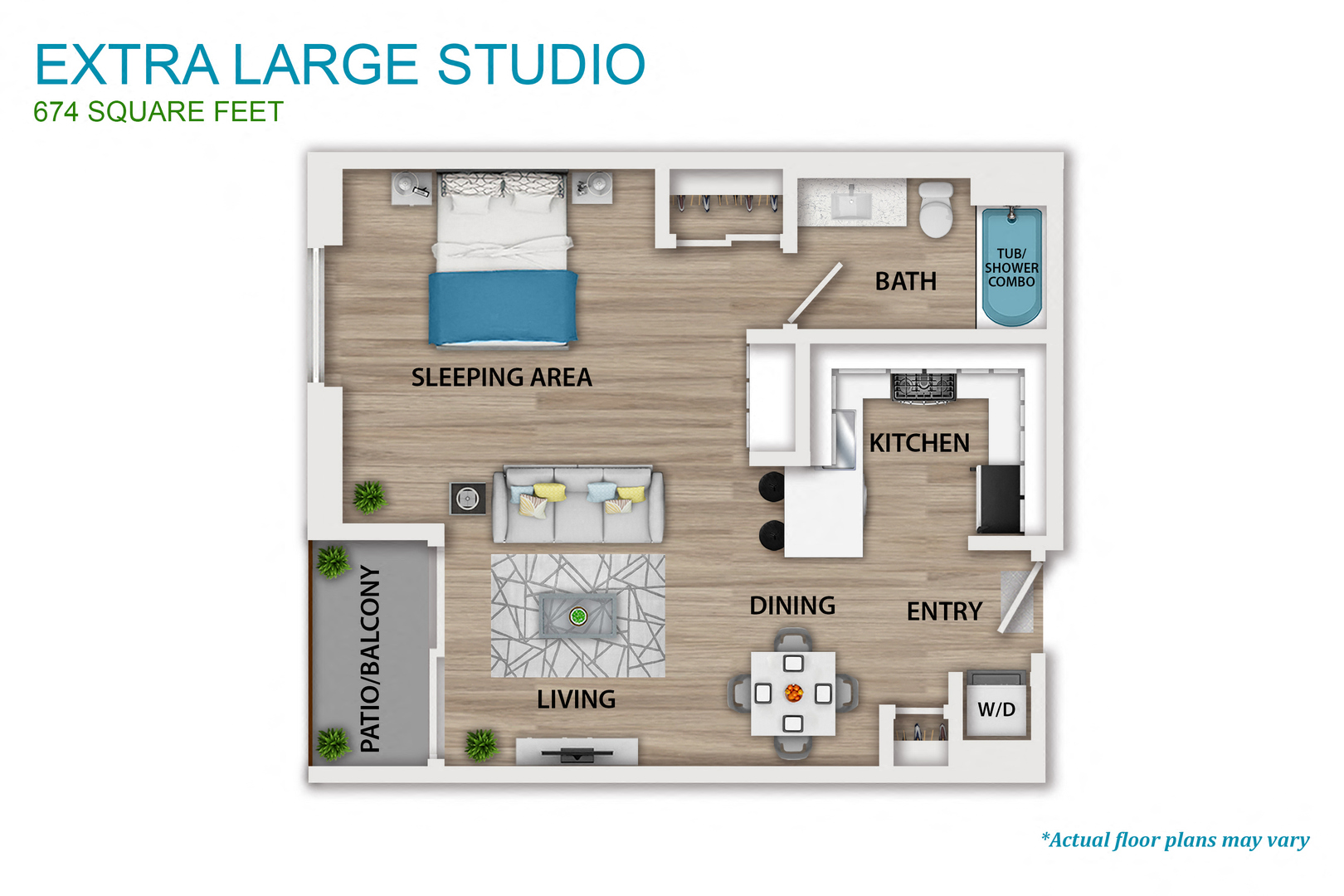 Floor plan for studio, 1 bath, 696 sqft