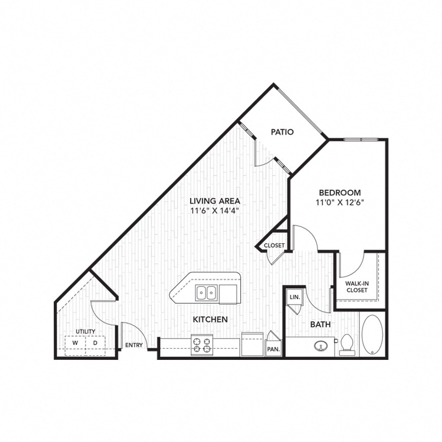 Floor plan for 1 bed, 1 bath, 788 sqft