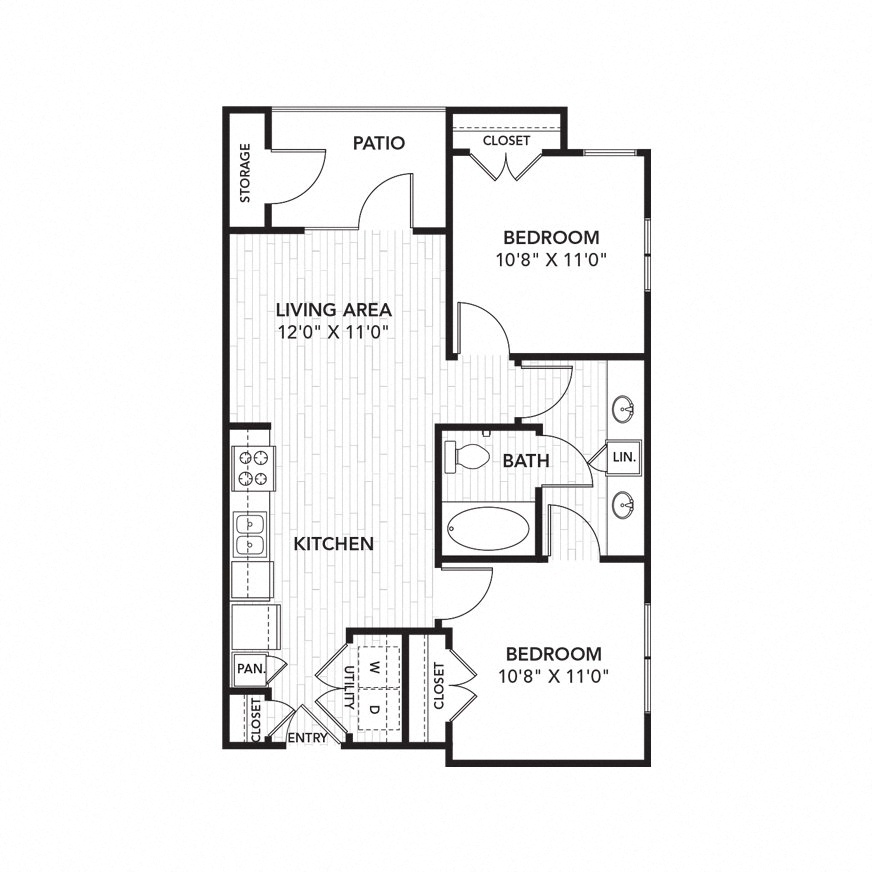 Floor plan for 2 beds, 1 bath, 766 sqft