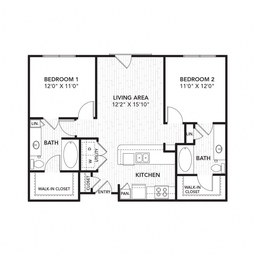 Floor plan for 2 beds, 2 baths, 970 sqft