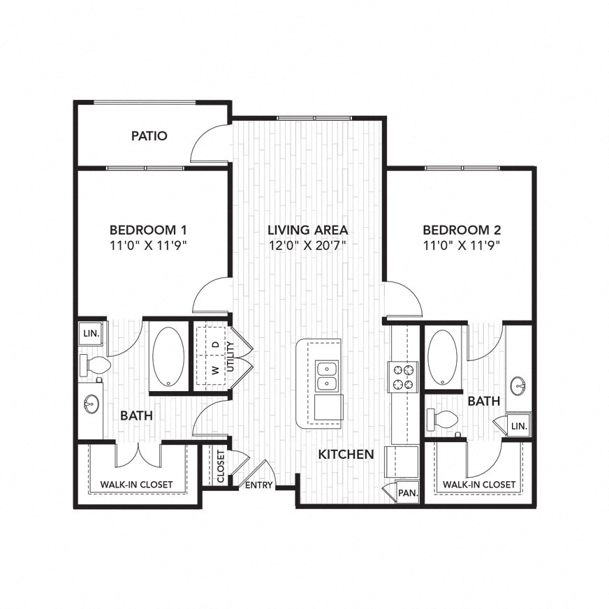Floor plan for 2 beds, 2 baths, 1051 sqft