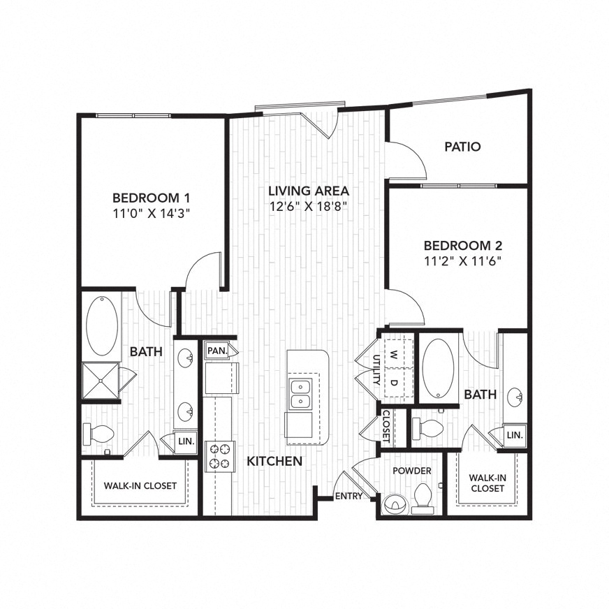 Floor plan for 2 beds, 2.5 baths, 1121 sqft