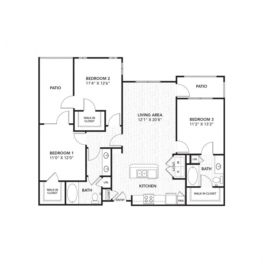 Floor plan for 3 beds, 2 baths, 1286 sqft
