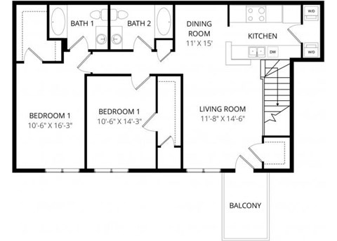 Floor plan for 2 beds, 2 baths, 1069 sqft