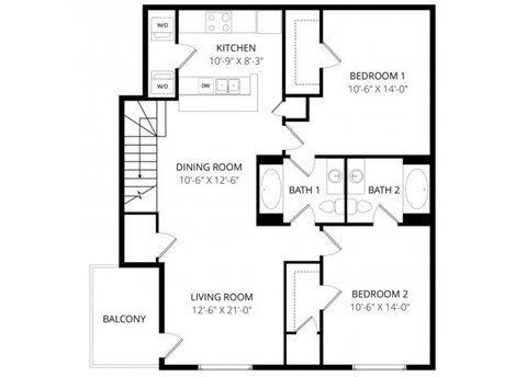 Floor plan for 2 beds, 2 baths, 1125 sqft