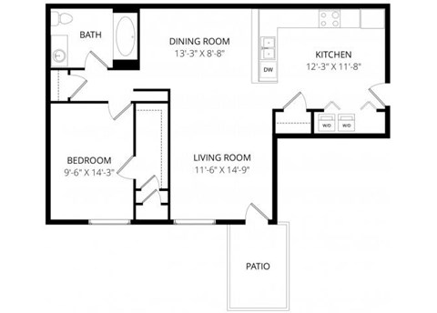 Floor plan for 1 bed, 1 bath, 812 sqft