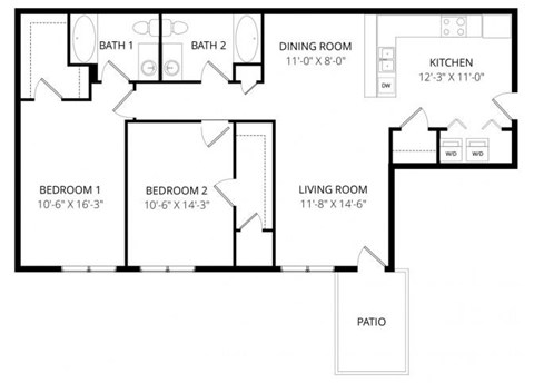 Floor plan for 2 beds, 2 baths, 1114 sqft