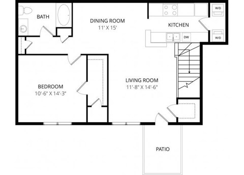 Floor plan for 1 bed, 1 bath, 788 sqft