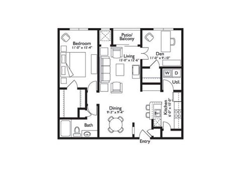 Floor plan for 1 bed, 1 bath, 1016 sqft