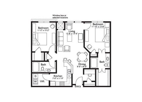Floor plan for 2 beds, 2 baths, 1092 sqft