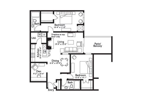 Floor plan for 2 beds, 2 baths, 1376 sqft