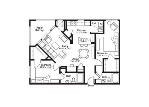 Floor plan for 2 beds, 2 baths, 1258 sqft