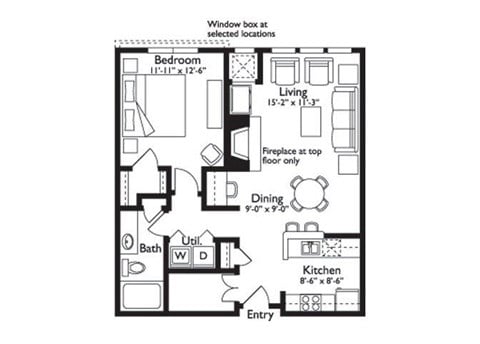 Floor plan for 1 bed, 1 bath, 835 sqft