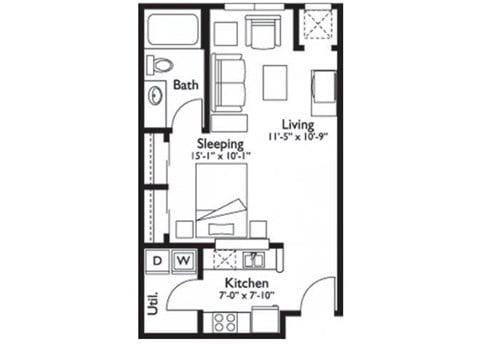 Floor plan for studio, 1 bath, 530 sqft