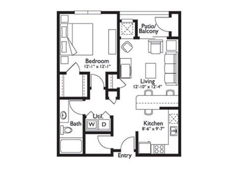 Floor plan for 1 bed, 1 bath, 773 sqft