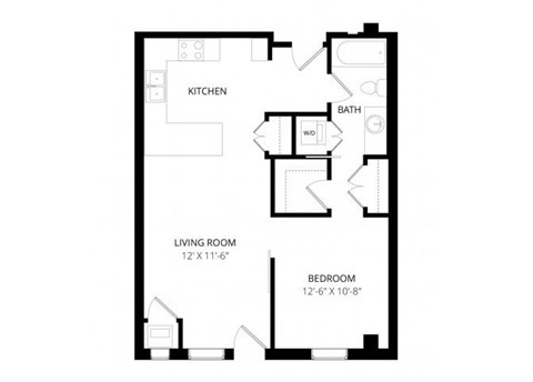 Floor plan for 1 bed, 1 bath, 770 sqft