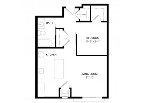 Floor plan for 1 bed, 1 bath, 668 sqft