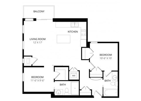 Floor plan for 2 beds, 2 baths, 979 sqft
