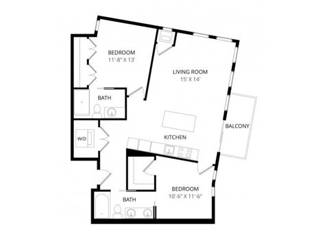 Floor plan for 2 beds, 2 baths, 1064 sqft