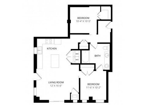 Floor plan for 2 beds, 1 bath, 932 sqft