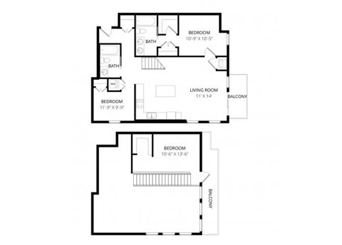 Floor plan for 3 beds, 2 baths, 1280 sqft