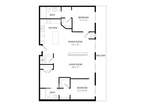 Floor plan for 2 beds, 2 baths, 1297 sqft