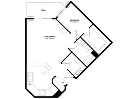 Floor plan for 1 bed, 1 bath, 940 sqft