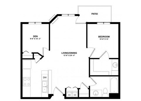 Floor plan for 1 bed, 1 bath, 880 sqft