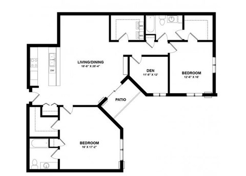 Floor plan for 2 beds, 2 baths, 1745 sqft