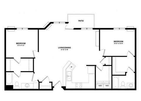 Floor plan for 2 beds, 2 baths, 1280 sqft