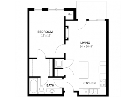 Floor plan for 1 bed, 1 bath, 715 sqft
