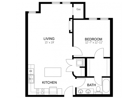 Floor plan for 1 bed, 1 bath, 780 sqft