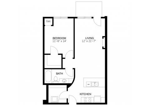 Floor plan for 1 bed, 1 bath, 746 sqft