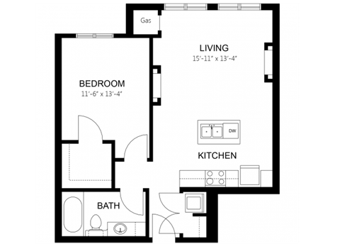 Floor plan for 1 bed, 1 bath, 703 sqft